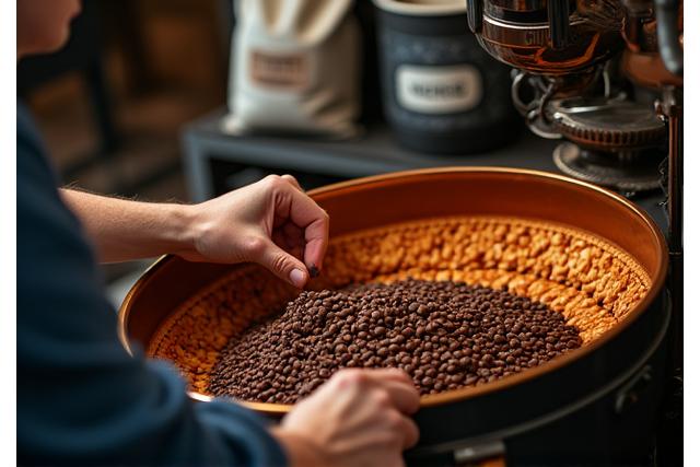 Seorang barista memanggang biji kopi dengan penuh teliti di Muar Merchant.